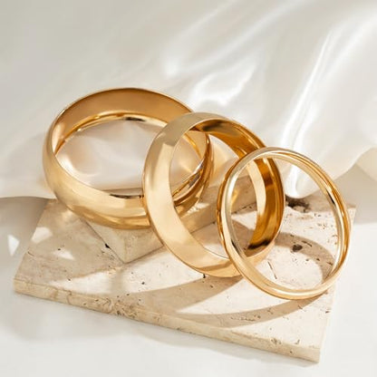 3Pcs Gold Plated Stack Bangle Bracelets for Women,Minimalism Statement Geometric High Polish Bangle Sets Striking Valentine's Day Jewelry Gitfs