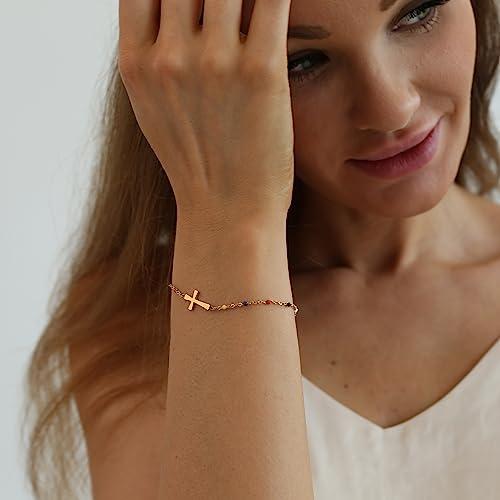 18K Gold Plated Pearl Beaded Cross Bracelets for Women Adjustable Stainless Steel Dainty Thin Gold Box Cuban Twisted Link Chain Bracelet Bridesmaid Jewelry Gifts - color: Colorful Cross-Gold