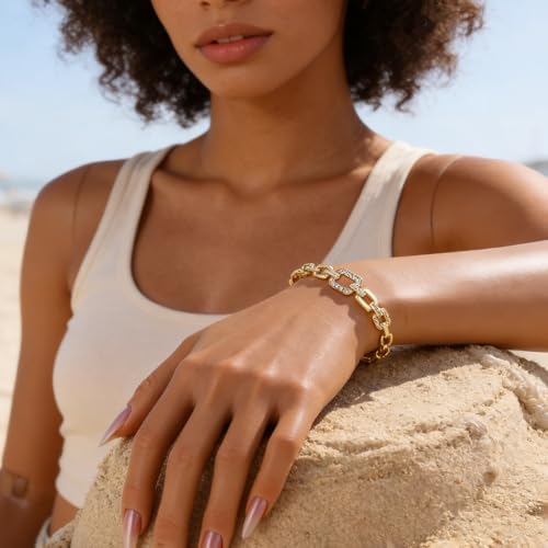 hotoo Gold Plated Bangle Bracelet for Women - style: Diamond-Set Cuban Chain Splicing