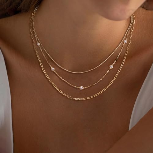 Layered Necklaces for Women, Dainty Gold Necklace Stack 14k Gold Plated Layering CZ Chain Choker Necklaces for Women Trendy Simple Non Tarnish Gold Necklaces Set Fashion Bridal Prom Jewelry - color: set2