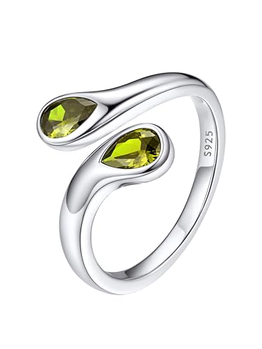 Bestyle Silver Birthstone Ring for Women, Dainty Sterling Silver Teardrop Ring Open Adjustable Band Ring, Love Statement TOI et Moi Ring Promise Ring for Her - color: 08.August ( Peridot)