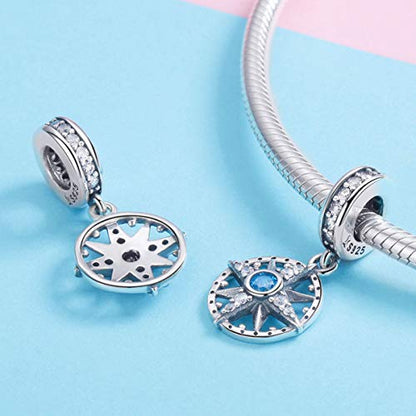 BISAER 925 Sterling Silver Charms for Bracelets Cat Dog Sloth Animal Beads Butterfly Fairy Heart Dangle Pendant Charms - color: Compass
