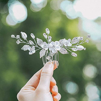 Bride Silver Wedding Hair Comb Flower Bridal Side Comb Sparkly Crystal Hair Piece Leaf Hair Accessorie for Women