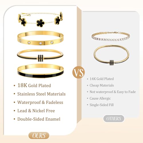 MOINSPIRE Gold Bracelets for Women, 18K Gold Plated Tennis Nail Clover love Bangle Bracelets Set Non Tarnish, Stainless Steel Trendy Stackable Bracelet Fashion Jewelry Accessories Gifts for Christmas - color: C1-Black