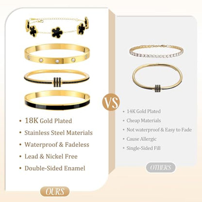 MOINSPIRE Gold Bracelets for Women, 18K Gold Plated Tennis Nail Clover love Bangle Bracelets Set Non Tarnish, Stainless Steel Trendy Stackable Bracelet Fashion Jewelry Accessories Gifts for Christmas - color: C1-Black