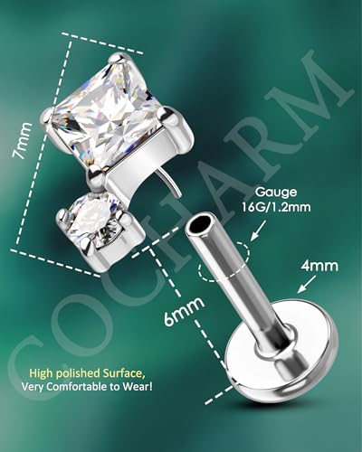 COCHARM 16G Threadless Labret Stud Earrings Flat Back Helix, Tragus, Cartilage,Conch Piercing Jewelry Square CZ Push Pin Lobe Stud 6mm 8mm 316L Steel Silver, Gold - color: Silver, size: 1.2x6mm
