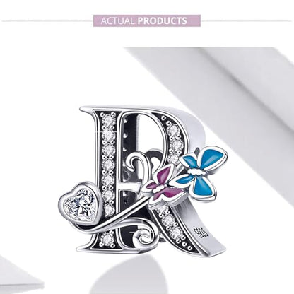 S925 Silver Butterfly Initial Letter Charms Fit for Pandora Charms Bracelets and Necklace Alphabet Bead Charms Jewelry Gifts for Women - color: R