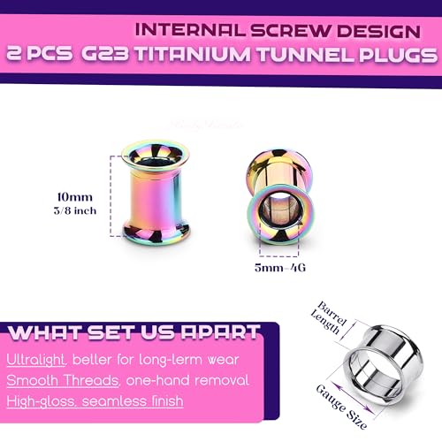 2Pcs G23 Titanium Double Flared Earrings Internally Threaded Gauges for Ears Weights Eyelet Tunnel Plug Stretching Kit From 3mm to 25mm Women Men - color: Rainbow, size: 5mm-4G