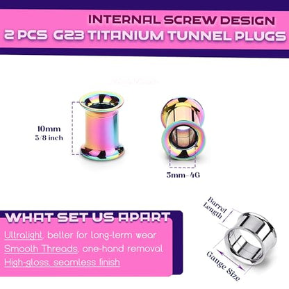 2Pcs G23 Titanium Double Flared Earrings Internally Threaded Gauges for Ears Weights Eyelet Tunnel Plug Stretching Kit From 3mm to 25mm Women Men - color: Rainbow, size: 5mm-4G