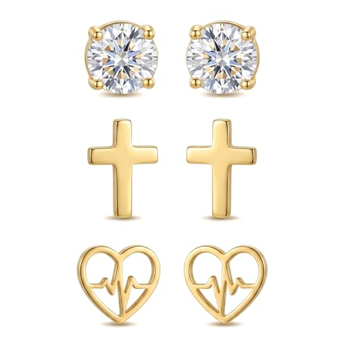 Gold Stud Earrings Set for Women, 18K Gold Plated Stainless Steel Hypoallergenic Earrings, Assorted Multipack with Faux Pearls, Crystals, and Geometric Shapes, Non-Tarnish Sensitive Ear Jewelry, Value Gift Set
