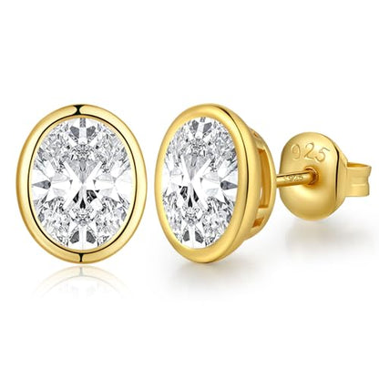 Brilliant Heart-cut/Oval-cut/Trillion-cut/Cushion-cut/Emerald-cut/Marquise-cut Stud, 925 Sterling Silver Cubic Zirconia Stud Earrings for Women Men - style: N-Bezel oval cut-Yellow