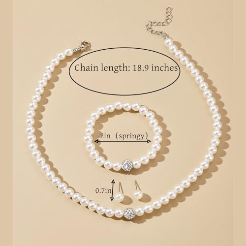 Pearl Bride Wedding Jewelry Set Faux Pearls Necklace Earrings Bracelet Sets for Women Bridesmaid Wedding(3 PCS) (White-Round)