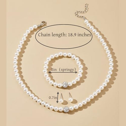 Pearl Bride Wedding Jewelry Set Faux Pearls Necklace Earrings Bracelet Sets for Women Bridesmaid Wedding(3 PCS) (White-Round)