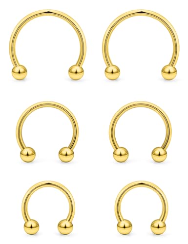 6PCS Septum Rings 18G Stainless Steel Nose Septum Ring Horseshoe Earring Eyebrow Lip Smiley Piercing Jewelry for Women Men Inner Diameter 8mm/10mm/12mm - color: goldtone,ball closure