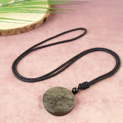 Anjiucc Natural Gemstone Tree of Life Black Obsidian/Golden Obsidian Pendant Necklace for Male and Female Necklace - color: Gold Sheen Obsidian
