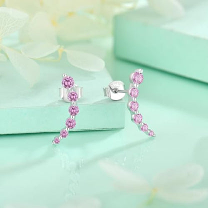Starchenie 925 Sterling Silver Climber Earring Ear Crawler Stud Earrings for Women - color: Pink Tourmaline