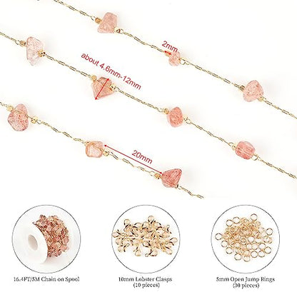 KYUNHOO 16.4FT Natural Gemstone Chain Links for Jewelry Making with Clasps | KC Gold Plated Brass Jewelry Chain Spool Handmade Natural Raw Healing Crystal Stone Chains for Necklace Making - color: Natural Stone-Strawberry
