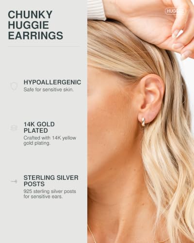 PAVOI 14K Gold Plated Chunky Huggie Earrings for Women, Small Hoop Earrings | Hypoallergenic Earrings with 925 Sterling Silver Posts, Trendy Ultra Thick Huggie Hoop Earrings - style: Thick