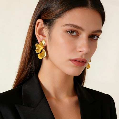 Chunky Flower Clip on Earrings for Women 14K Gold Plated No Piercing Floral Stud Earring Lightweight Jewelry Gifts - color: Flower-C-gold