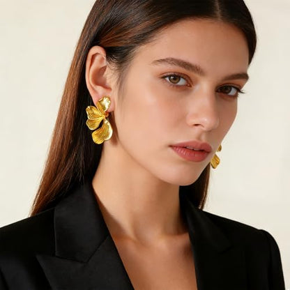 Chunky Flower Clip on Earrings for Women 14K Gold Plated No Piercing Floral Stud Earring Lightweight Jewelry Gifts - color: Flower-C-gold