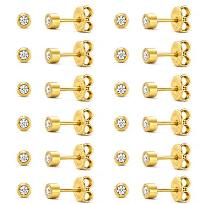Caflon April Birthstone Stud Earrings - 12 Pairs Clear Crystal Studs, 3/4/5mm | Surgical Steel Starter & Piercing Studs, Sterilized & Individually Sealed | Hypoallergenic Nickel-Safe for Newly Pierced & Sensitive Ears - color: 24K Gold Plated, size: 3mm