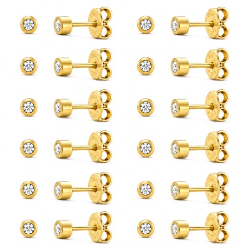 Caflon April Birthstone Stud Earrings - 12 Pairs Clear Crystal Studs, 3/4/5mm | Surgical Steel Starter & Piercing Studs, Sterilized & Individually Sealed | Hypoallergenic Nickel-Safe for Newly Pierced & Sensitive Ears - color: 24K Gold Plated, size: 3mm