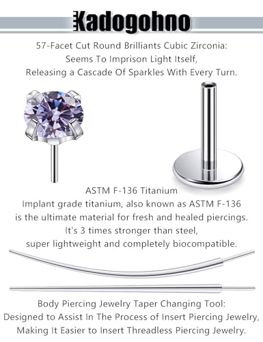 F136 Titanium 20/18/16g Internally Threaded Medusa Monroe Lip Ashley Labret Nose Rings Flat Back Tragus Helix Cartilage Conch Screw Stud Earrings Surgical Steel Piercing Jewelry for Women - color: Purple CZ, size: 18g*1/4in