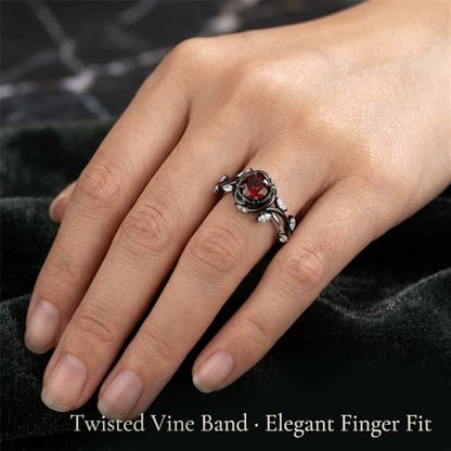 Jeulia Gothic Thorn Rose Ring, Round Cut Red Gemstone Engagement Ring, Two-Tone Black & Silver Statement Ring, S925 Sterling Silver Floral Promise Jewelry for Women