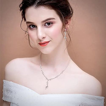 Crysdue Women's Wedding Bridal Jewelry Set for Brides Bridesmaids Cubic Zirconia Flower Leaf Vine Necklace Dangle Earrings for Prom Party - style: 4-silver