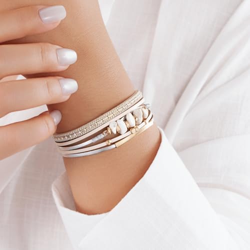 Boho Gemstone Beaded Leather Wrap Bracelets Stackable Chunky Cuff Bracelet Western Jewelry Cowboy Chic Country Concert Outfits for Women - color: White
