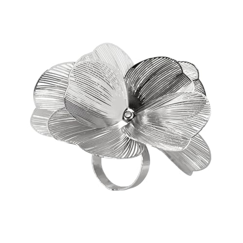 Elegant Big Flower Statement Rings For Women Bohemian Exaggerated Large Metal Floral Hip Hop Punk Ring Fashion Cubic Zirconia Crystal Stamen Adjustable Open Ring Birthday Friendship Christmas Jewelry Gift - color: Silver