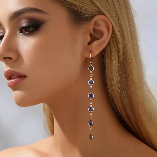 Ruby Crystal Dangle Earrings Red Rhinestone Tassel Drop Earrings Long Cz Chain Tassel Earrings Gold Huggie Hoop Earrings Ruby Wedding Earrings - color: Blue