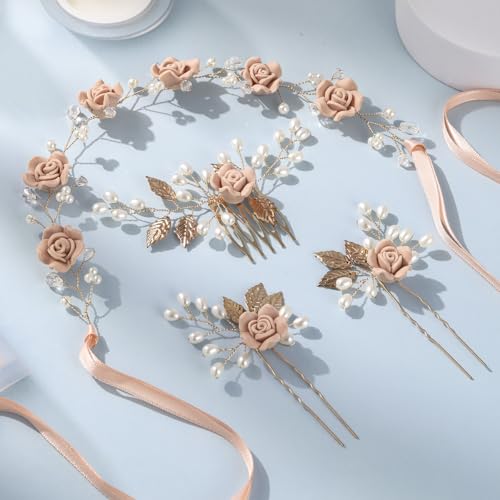 Wedding Hair Accessories Hair pieces Set Crystal bridal hair pins Rhinestone Pearl hair comb Brides and Bridesmaids, Girls, Women(（4PCS/SET PINK) - color: pink