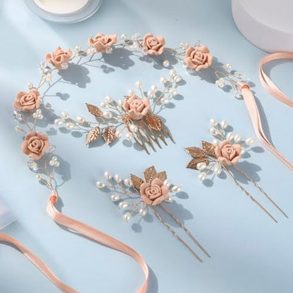 Wedding Hair Accessories Hair pieces Set Crystal bridal hair pins Rhinestone Pearl hair comb Brides and Bridesmaids, Girls, Women(（4PCS/SET PINK) - color: pink