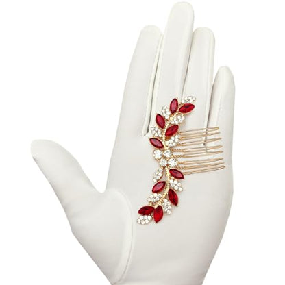 Bridal Crystal Hair Comb Small Wedding Alloy Rhinestone Party Prom Hair Piece Accessories Elegant for Women Girls (Red + Gold) - color: Red + Gold