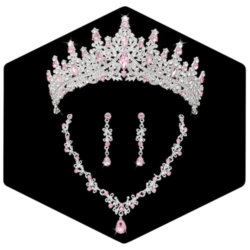Crystal Crown Jewelry Set for Women Bride Queen Tiara Earrings and Necklace | Metal Royal Crown Costume Jewelry Set Wedding Prom Quinceanera Party Pageant Halloween Retirement Christmas Birthday Gift - color: Silver Pink