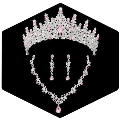 Crystal Crown Jewelry Set for Women Bride Queen Tiara Earrings and Necklace | Metal Royal Crown Costume Jewelry Set Wedding Prom Quinceanera Party Pageant Halloween Retirement Christmas Birthday Gift - color: Silver Pink