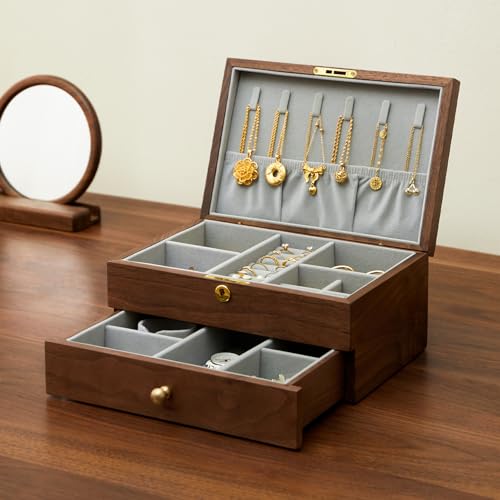Jewelry Box Organizer for Women & Men 2-Layer Lockable | Wooden with Velvet Lining, Black Walnut Double Layer, Earring Ring Necklace Organizer, Lock & Key, Brass Handles - style: 2-layer lockable