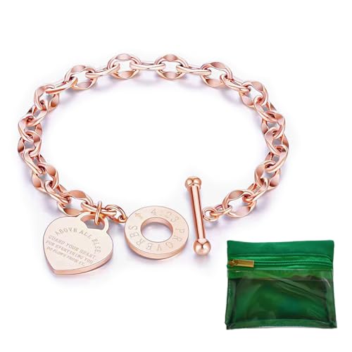 Charm Bracelet for Women 18k Gold/Silver/Rose Gold Plated Love Heart Elegant OT Clasp Stainless Steel Green Bag Packaging Jewelry Gift Birthday - color: Rose Gold, size: 7 inch