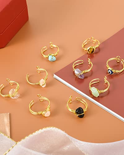 9 PCS Healing Crystal Ring, Adjustable Wire Wrapped Rings Irregular Gemstone Rings Set for Women - color: Gold-Style A