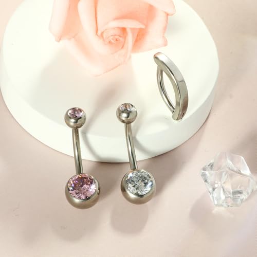 TIANCI FBYJS 3pcs G23 Titanium Pink Belly Button Rings Internally Threaded 10mm Clicker Reverse Curved Hoop Navel Barbell Piercing Jewelry CZ Belly Rings for Women Men - color: silver