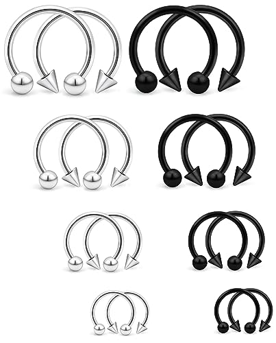 16PCS 16G Multiple Different Sizes Horseshoe Barbell Surgical Steel Nose Septum Rings Hoop Daith Earring Eyebrow Helix Vertical Lip Piercing Jewelry for Women Men - color: 16pcs,16g,diameter:6-12mm,1#