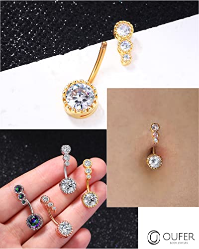 OUFER 316L Surgical Steel Belly Button Rings, Clear CZ Navel Rings, Belly Piercing Jewelry - color: Gold Bar, Clear CZ