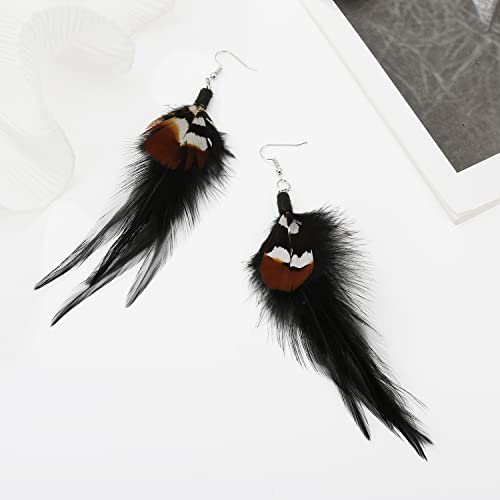 Long Bohemian Pheasant Feathers Statement Earrings Handmade Natural Lightweight Feather Dangle Earrings for Women (ea000067) - color: Black