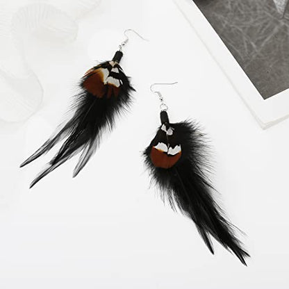 Long Bohemian Pheasant Feathers Statement Earrings Handmade Natural Lightweight Feather Dangle Earrings for Women (ea000067) - color: Black