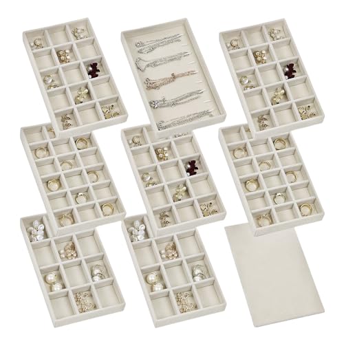 Set of 8 Stackable Jewelry Organizer Trays with 1 Lid for Drawer & Dresser Organizer, Adjustable Velvet Jewelry Box Tray Earring Organizer Necklace Storage Ring Bracelet Display Case (Beige) - color: Beige