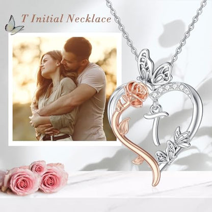 TOUPOP Gifts for Women Her 925 Sterling Silver Rose Heart Initial Necklace Butterfly Heart Jewelry Anniversary Birthday Gifts for Wife Girlfriend Mom - color: T Initial