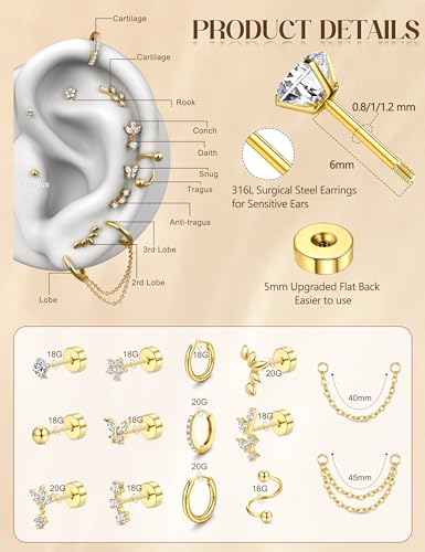 Cartilage Earrings for Women - 14K Gold Plated Flat Back Helix Conch Tragus Piercing Jewelry Single Stainless Steel Stud Earrings Hoops Stackable Set - color: Gold Tone