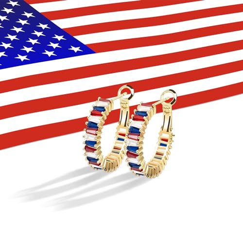 Trendy 14K Gold Plated Hoop Earrings for Women, Chunky Gold/Silver Earrings for Women Cubic Zirconia Baguette Hoop Earrings Heart Hoops Lightweight Hypoallergenic Jewelry,25mm/35mm/40mm/50mm - color: 01 Gold Patriotic Hoops 25mm