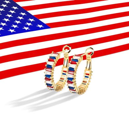 Trendy 14K Gold Plated Hoop Earrings for Women, Chunky Gold/Silver Earrings for Women Cubic Zirconia Baguette Hoop Earrings Heart Hoops Lightweight Hypoallergenic Jewelry,25mm/35mm/40mm/50mm - color: 01 Gold Patriotic Hoops 25mm
